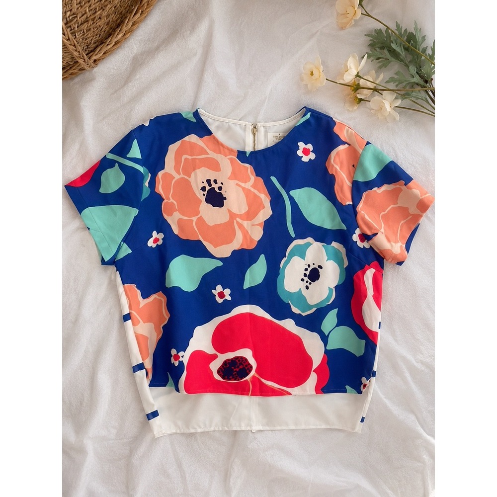 Kate Spade New York Floral Stripe Mixed Print Short Sleeve Blouse Top Size 6